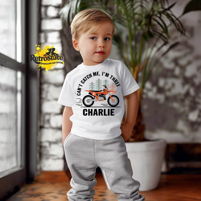 Can't Catch Me I'm Three Motocross Birthday Shirt, Custom Name, 3rd Birthday Outfit, Dirt Bike Theme, Personalized Shirt, Motocross Gift image 1