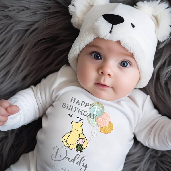 Winnie the Pooh, Happy 1st Birthday as my Daddy Love you Lots Baby Bodysuit Babygrow, Personalised,  1st Birthday Dad Gift