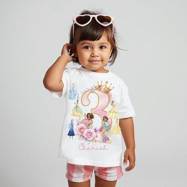 Crown & Roses Princess Birthday T-Shirt – Custom Name + Age Number, Fairy Tale Girl Shirt, Any Age