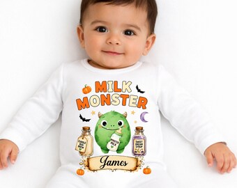 Personalized My First Halloween Baby Bodysuit, Custom Name Milk Monster Romper, Cute Pumpkin Ghost Newborn Outfit Gift Shower Keepsake