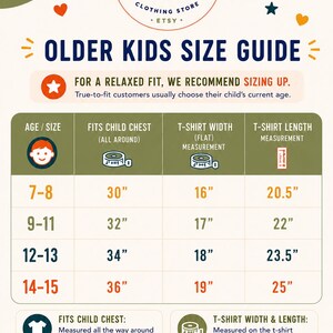 The image is a colorful guide for older kids' clothing sizes, providing recommendations for t-shirt and chest measurements based on age.