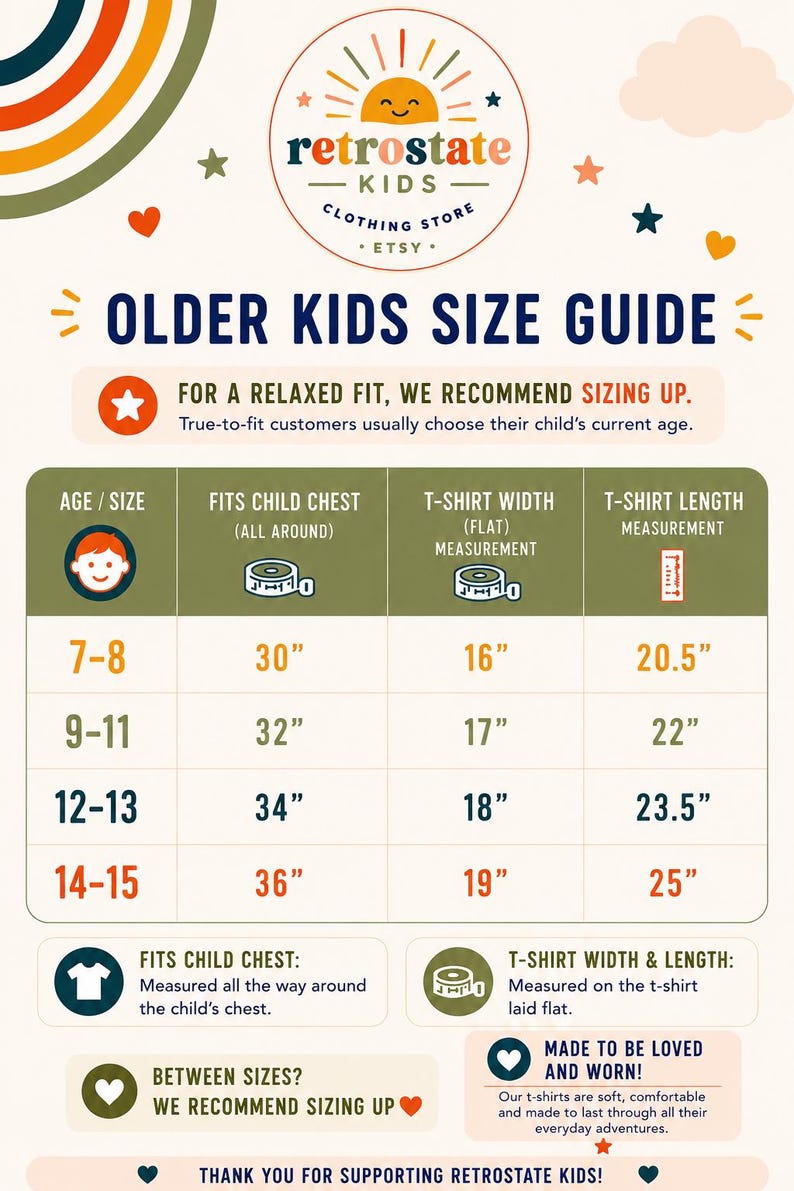 The image is a colorful guide for older kids' clothing sizes, providing recommendations for t-shirt and chest measurements based on age.
