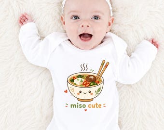 White Baby Bodysuit Miso Cute Ramen Design, Funny Foodie Infant Outfit, Kawaii Japanese Noodle Baby Shower Gift Shirt