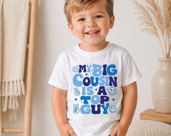 "Kleiner Cousin ""Mein großer Cousin ist ein Top-Guy"" T-Shirt | Blaues Cousin Geburtstagsparty T-Shirt, Familientreffen Shirt, Kleinkind Junge Cousin Geschenk