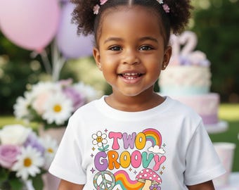 Two Groovy Birthday Shirt, Personalised 2nd Birthday Shirt Girl, Retro Rainbow Custom Name Toddler Tee, Groovy Peace Sign Birthday Top