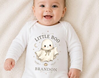 Personalised Little Boo Baby Bodysuit, Custom Halloween Baby Outfit with Name, Cute Ghost Romper, Spooky Season Baby Gift, Autumn Baby Wear