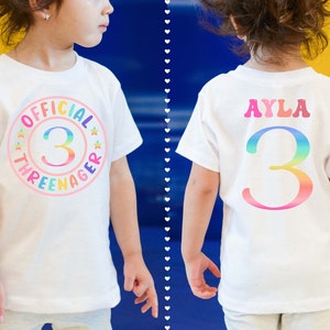 Official Threenager Birthday Shirt 3rd Birthday Shirt with Rainbow Design Personalized Pink Rainbow, Three Birthday Shirt, Pastel Age 3 image 1