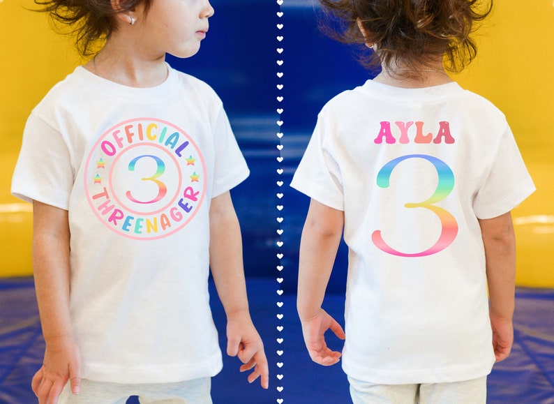 Official Threenager Birthday Shirt 3rd Birthday Shirt with Rainbow Design Personalized Pink Rainbow, Three Birthday Shirt, Pastel Age 3 image 1