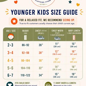The image is a colorful guide for younger kids' clothing sizes, providing recommendations for different age groups based on their height and age.