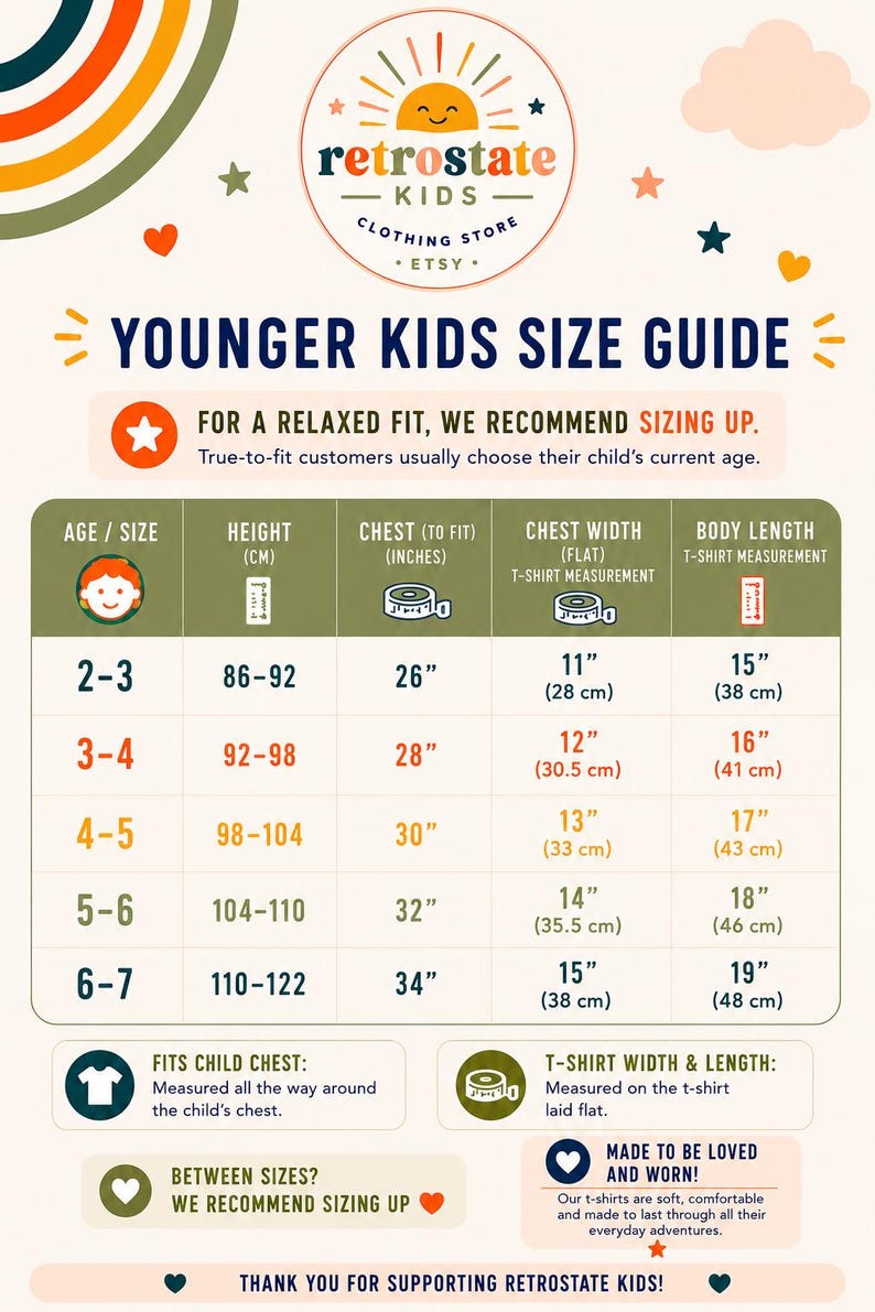 The image is a colorful guide for younger kids' clothing sizes, providing recommendations for different age groups based on their height and age.