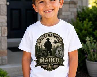 Personalisiertes Armee-Geburtstags-Shirt für Jungen, Militärsoldat scherzt T-Shirt, Benutzerdefiniertes Name-Alter-Party-T-Stück, Hubschrauber-Jeep-Kleinkind-Geschenk