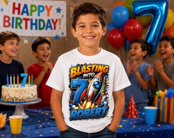 Rocket Birthday Shirt Boy, Personalised Blasting Into Any Age Shirt, Custom Name Space Birthday Tee, Kids Astronaut Birthday Top, Boys Gift