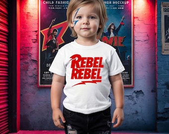 Rebel Rebel Kids Rock T-Shirt – Retro Lightning Bolt Graphic Tee for Boys or Girls – Punk Rock Birthday Shirt – 70s Inspired Music Tee
