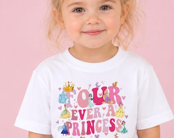 4th Birthday Princess Shirt “Four Ever” – Custom Name Top, Cute Slogan Birthday Tee, Girl Age 4