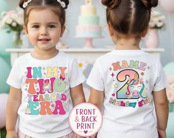 In My Two Year Old Era Shirt, Personalised 2nd Birthday Shirt Girl, Custom Name Unicorn Birthday Top, Retro Rainbow Two Year Old Tee