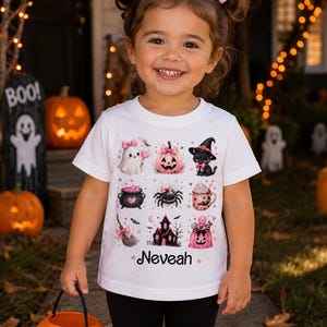 Personalized Halloween Shirt for Girls Custom Name Cute Ghost Pumpkin Cat Tee Pink Spooky Toddler Trick or Treat Outfit Gift
