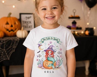 Personalisierte Halloween Meerjungfrau Shirt für Mädchen, zu süß, um Kleinkind-T-Shirt zu spuken, benutzerdefinierter Name Kinder Halloween Outfit Party Geschenk
