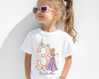 T-shirt d'anniversaire château de princesse aquarelle - nom + numéro personnalisés, tenue pastel doux pour fille, tout âge