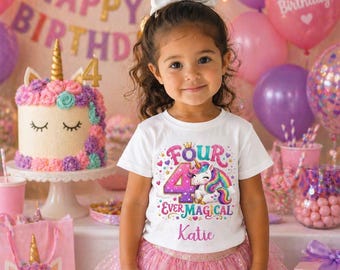 Personalisierte Einhorn 4. Geburtstag T-Shirt für Mädchen, vier überhaupt magisches weißes Kleinkind-T-Stück, benutzerdefinierter Name Regenbogen-Einhorn-Hemd