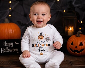 Personalized My First Halloween 2026 Boy Bodysuit, Custom Baby Boy Halloween Shirt, Pumpkin Ghost Bat Infant Outfit Gift