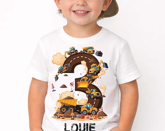 Construction Birthday Shirt for 3 Year Old Boy – Personalised Digger Truck Birthday T-Shirt – Custom Name Age 3 Party Outfit