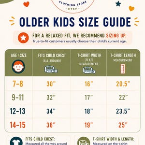 The image is a colorful guide for older kids' clothing sizes, providing recommendations for t-shirt and chest measurements based on age.