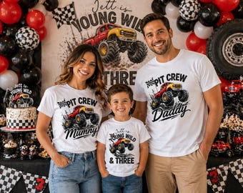 Monster Truck Geburtstag Shirt Pit Crew Familie Passende T-Shirts Personalisierte Junge Wilde Drei Racing Party Shirt Benutzerdefinierte Name Beliebige Rolle