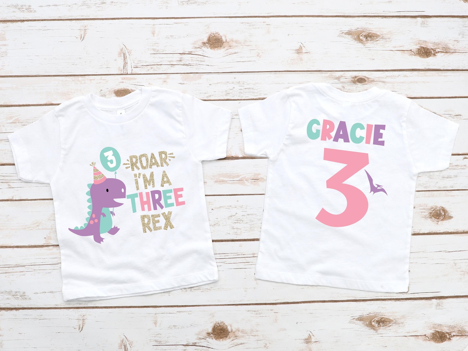 Girl's 3rd Birthday Dinosaur Shirt, Girl's T-rex Dinosaur Shirt, Three ...