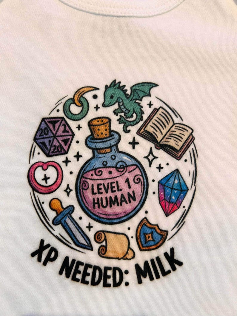 Level 1 Human Baby Grow XP Needed Milk Funny DnD Baby Shower Gift Custom Fantasy RPG Baby Vest for Gamer Parents Newborn Bodysuit image 5