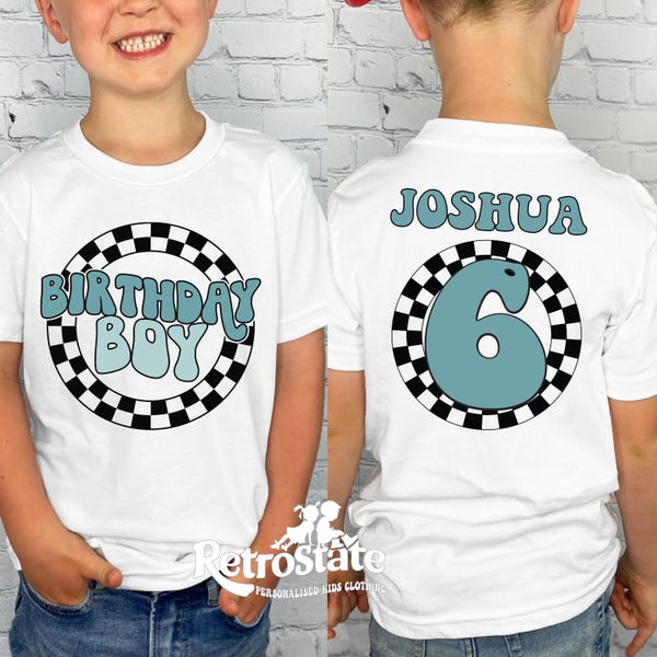 Personalized Retro Racing Birthday Boy T-Shirt - Checkered Design on Front & Back | Custom Kids Birthday Shirt | Soft Cotton Party Tee