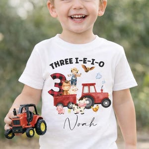 Personalized Farm Birthday Shirt – Three I‑E‑I‑O Tractor Tee