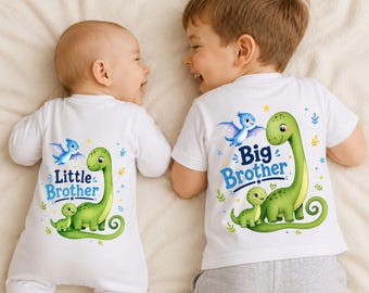 Personalized Big Brother Little Brother Dinosaur Outfit Set, Matching Baby Romper and Toddler T-Shirt, Custom Sibling Gift