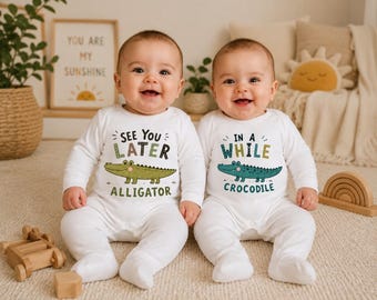 Twin Baby Shower Gift Matching Sibling Outfits, See You Later Alligator In A While Crocodile Bodysuit Set Funny Twin Baby Gift Idea