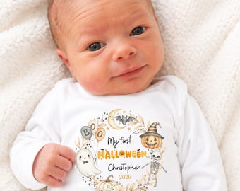 Personalized My First Halloween Baby Bodysuit, Custom Baby Name Romper, Cute Ghost Pumpkin Infant Outfit Gift for Newborn Girl Keepsake