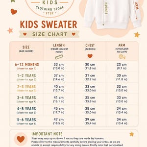 The image is a size chart for a kids sweater, providing measurements for different age groups. It includes a label for the "CHEST" and "ARM" measurements, along with a "LENGTH" measurement. The chart is designed to help customers determine the appropriate size for their child based on their age and measurements.