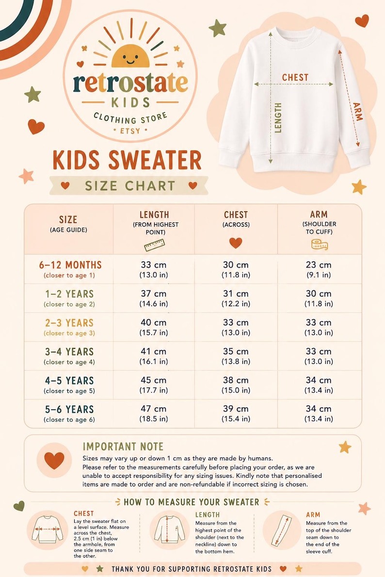 The image is a size chart for a kids sweater, providing measurements for different age groups. It includes a label for the "CHEST" and "ARM" measurements, along with a "LENGTH" measurement. The chart is designed to help customers determine the appropriate size for their child based on their age and measurements.