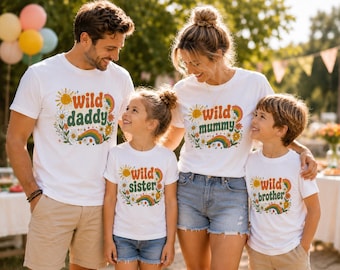 Personalised Wild Birthday Matching Family Shirts, Custom Name & Age Tee, Wild Mummy Daddy Sister Brother Top, Retro Rainbow Set