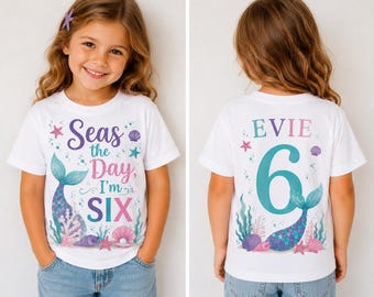 Personalisierte Meerjungfrau Geburtstags-Shirt für Mädchen | Vorne und hinten unter dem Meer Party T-Shirt | Benutzerdefinierte Name & Alter Mermaid Tail Shirt