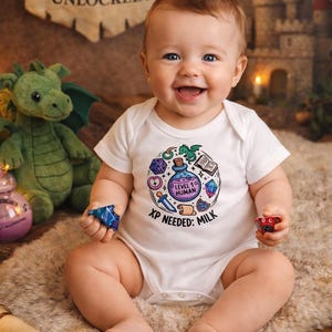 Level 1 Human Baby Grow XP Needed Milk Funny DnD Baby Shower Gift Custom Fantasy RPG Baby Vest for Gamer Parents Newborn Bodysuit image 2