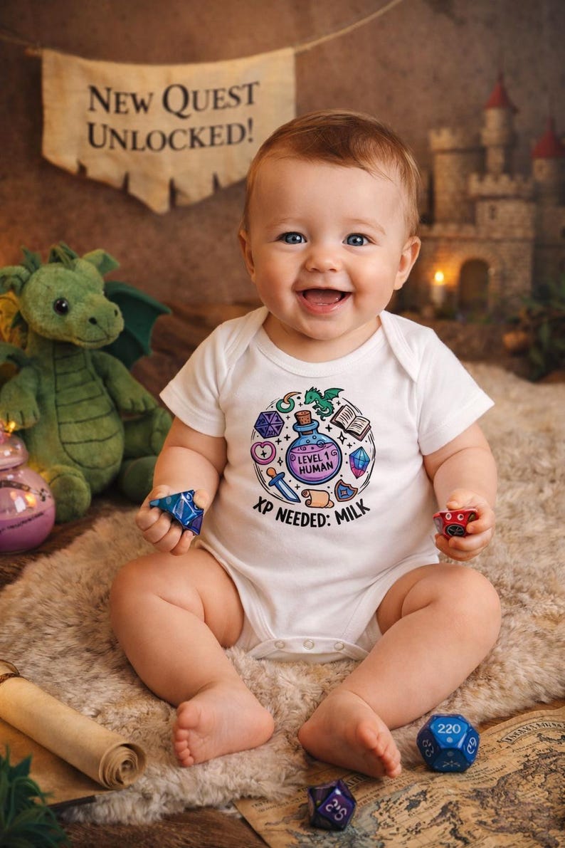 Level 1 Human Baby Grow XP Needed Milk Funny DnD Baby Shower Gift Custom Fantasy RPG Baby Vest for Gamer Parents Newborn Bodysuit image 2