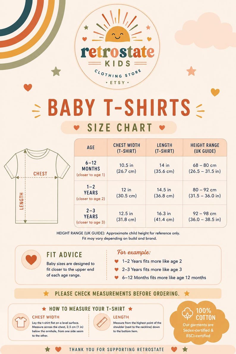 The image is a size chart for baby t-shirts, providing measurements and guidelines for ordering the shirts.
