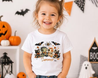 Personalisierte Halloween Shirt, süße Voodoo-Puppe Kinder T-Shirt, Baby Strampler, Schlafanzug, Lätzchen, individueller Name gruseliges Kürbis-Outfit