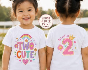 Two Cute Personalised 2nd Birthday Shirt, Custom Name Rainbow Birthday Tee, Girls Second Birthday Top, Front and Back Print, Age Two Shirt