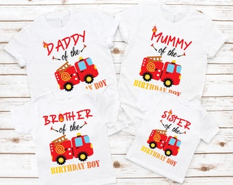 Fire engine birthday shirts, Birthday shirts with fire truck design, Hand-drawn fire engine shirts,  Matching birthday shirts for family