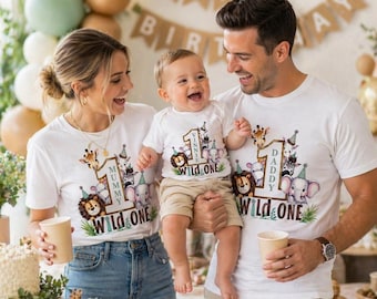 Matching Family Wild One Birthday Shirts Safari Theme, Personalised Family Set T Shirts UK, Custom Daddy Mummy Baby First Birthday