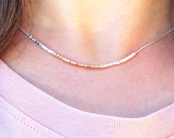 Morse Code Necklace Girlfriend Gift Beaded Silver & Rose Gold Necklace Omnia Vincit Amor/Love Conquers All Valentine Gift for Her/101-MCN