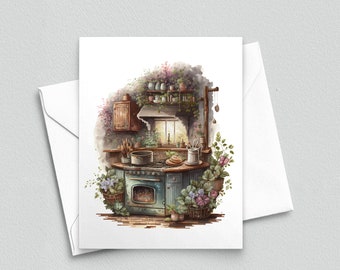 Floral Hearth: Vintage Stove Blooms Note Card - A2 Note Cards 136
