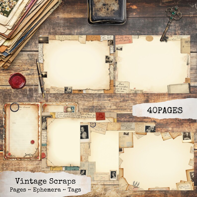 Vintage Scraps Junk Journal Kit Printable, 40 Page Ephemera Set ...