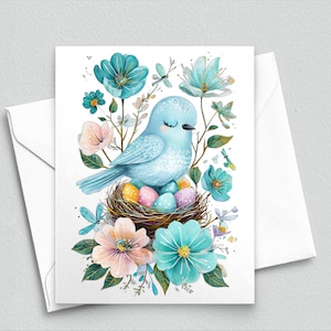 Spring Serenity – Grappig Blue Bird & Easter Nest Notitiekaart - Beautiful Blue Bird Notitiekaarten - A2 blanco notitiekaarten 520