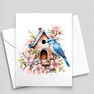 Serenidad primaveral: Tarjetas de notas con forma de casita para pájaros de madera - Tarjetas de notas en blanco A2 253